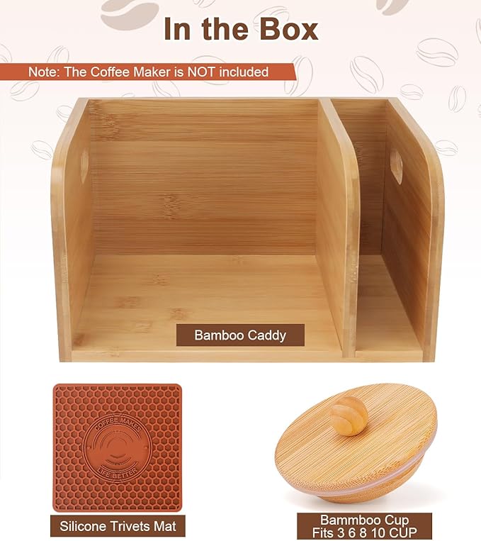 Bamboo Caddy with Lid &amp Heatproof Trivets Mat for Chemex CoffeeMakers - Designed for Chemex Pour - Over Glass Coffeemaker(3/5/6/8/10Cup) for Bodum Pour Over Coffee makers - Bamboo cup not include