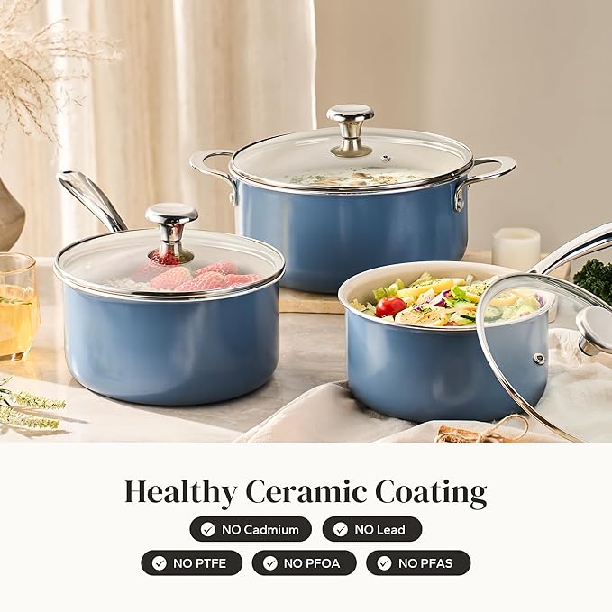 Redchef Non-stick Stock Pots Set 5QT Sauce Pan with Lids(2.5QT 3.5QT) Multifunctiona Kitchen Cookware Sets Non Toxic with Stay Cool Handle PTFE &amp PFAS &amp PFOA Free Dishwasher/Oven Safe (Bl