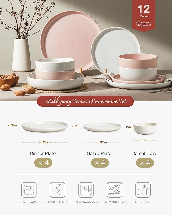 Famiware Milkyway Plates and Bowls Sets 12 Pieces Dinnerware Sets Reactive Glaze Dish Set Stoneware Dishes Set for 4 Matte Beige White &amp Light Pink