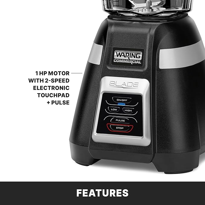 Waring Commercial BB320 Blade 1 HP Blender Toggle Switch Controls with Pulse feature 48 oz BPA Free Copolyester Stacking Container 120V 5-15 Phase Plug Black