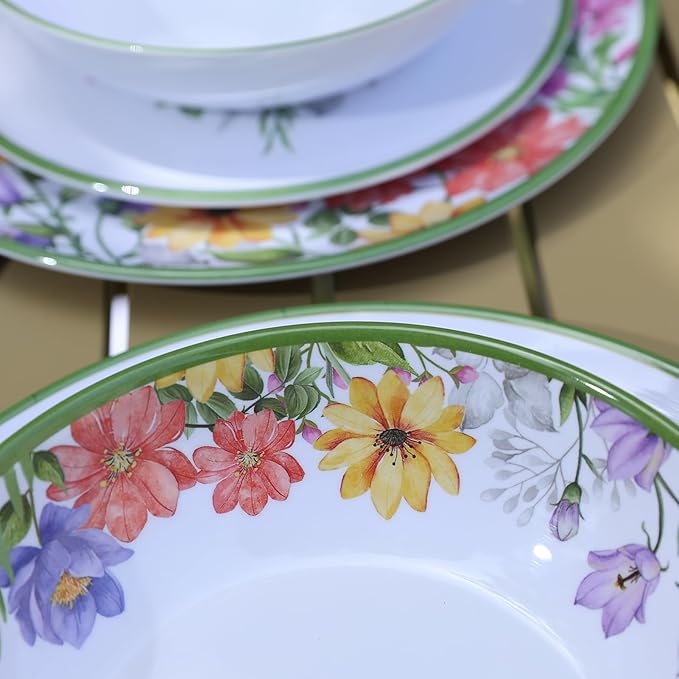 12 Piece Floral Melamine Dinnerware Sets Green Camping Dishes Set Spring Lightweight Plates and Bowls Sets Service for 4 Unbreakable Dishwasher Safe Dish Set for Indoor &amp Outdoor Use