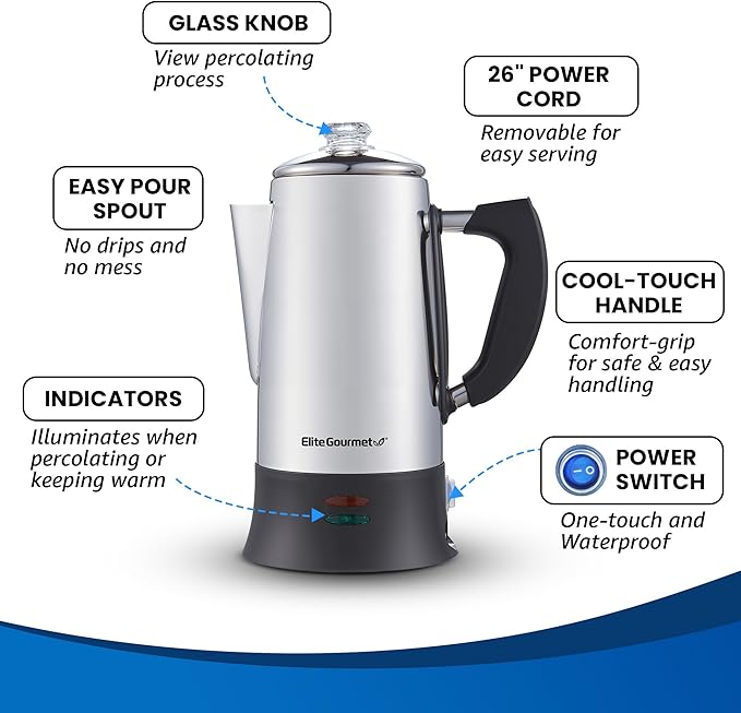 Elite Gourmet EC922 Electric Coffee Percolator BPA Free Keep Warm Glass Clear Brew Progress Knob Cool-Touch Handle Cordless Serve 12-Cup Stainless Steel