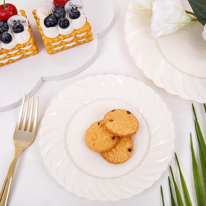 U-QE 100 Piece Ivory Scalloped Plastic Plates for Party - Plastic Plates Disposable Heavy Duty - High End Disposable Plates for Wedding Including 50PCS 9 '' Dinner Plates &amp 50PCS 6.5 '' Dessert Pl
