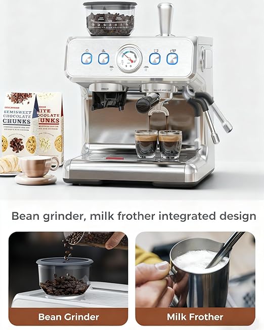 COWSAR 20 Bar Espresso Machine with Grinder &amp Milk Frother Steam Wand 58mm Expresso Coffee machines Commercial Stainless Steel Coffee Maker for Cappuccino and Latte Perfect for Home and Café Us