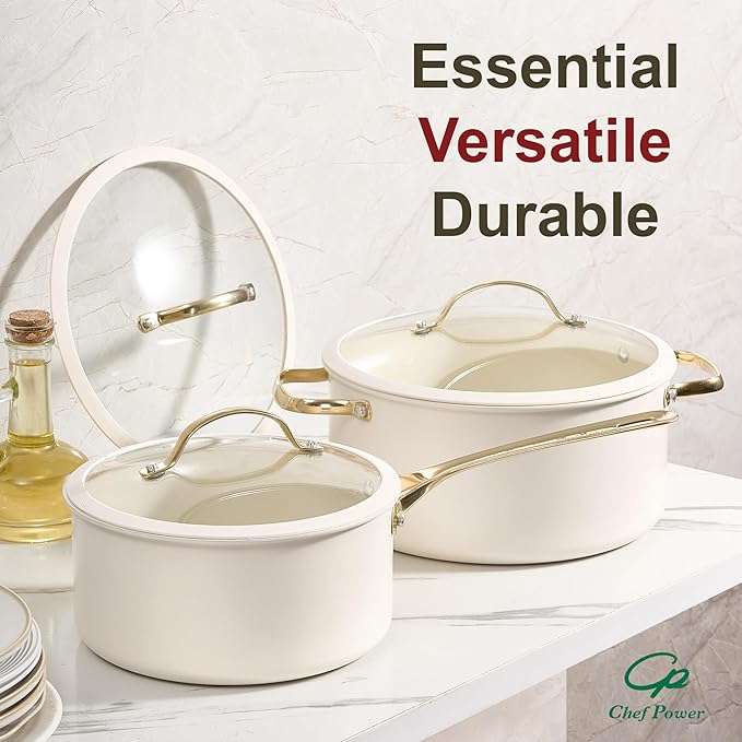 Chef Power Ceramic Cookware Sets 10Pcs Pots and Pans Set Non Stick Cookware Set with Stainless Steel Handle Dishwasher &amp Oven Safe Cream White and Light Gold Handle