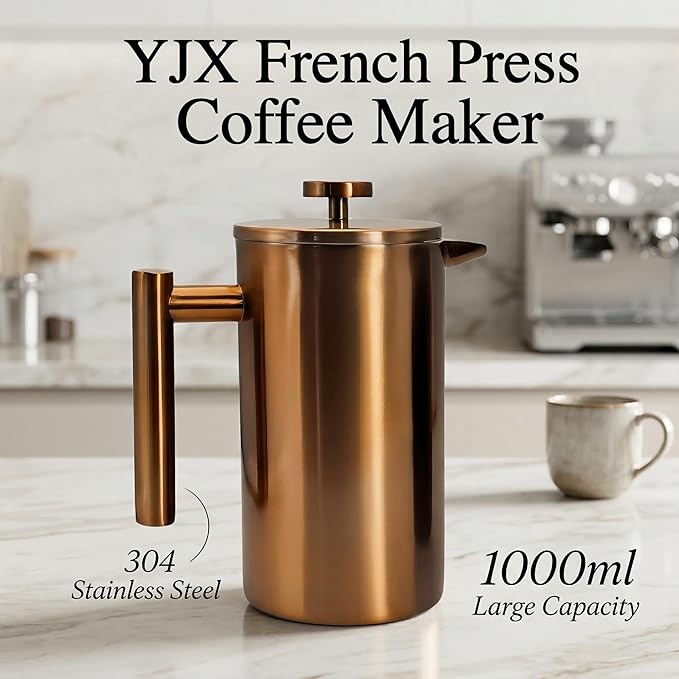 YJX 34oz Coffee Maker Stainless Steel French Press 1 Liter Camping Coffee Pot Tea Maker 34 Ounce Travel Coffee Presses Heat Resistant Double Insulated (Coppery)