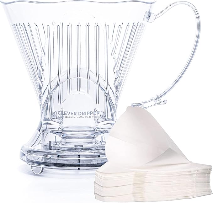 Clever Coffee Dripper and Filters Large 18 oz Original Classic Design Safe BPA Free Plastic dripper coffee maker drip coffee maker pour over 100 filters coaster and lid 18 oz (Clear)