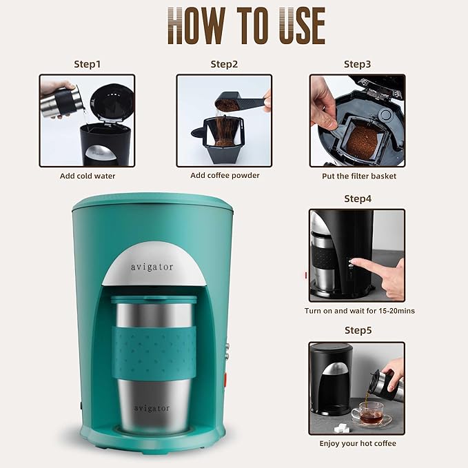 Portable Coffee Maker for Travel Camping Car Compact Drip Coffee Machine Single Serve with 10 oz Travel Mug for Traveling RV Office Home and Dorm 12V Green