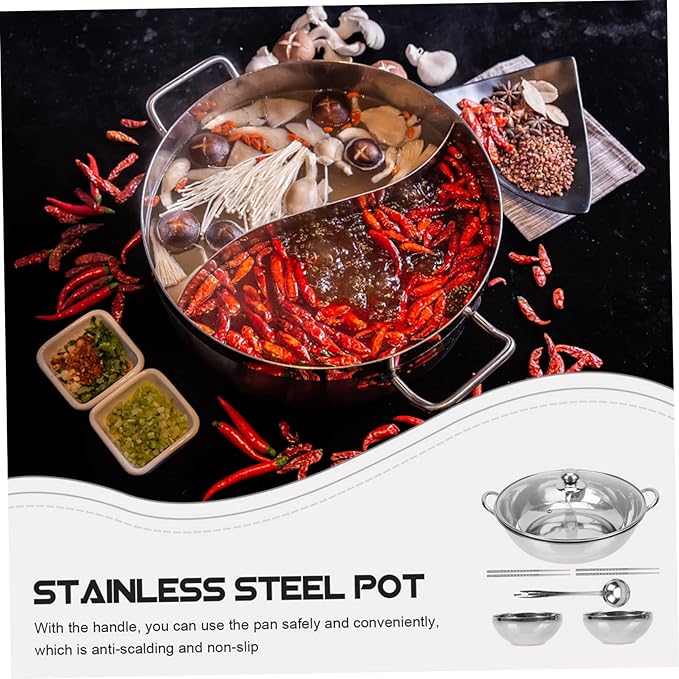 LIFKOME Stainless Steel Dual Flavor Hot Pot Divider Thickened 2-Compartment Cookware Set for Home Multi-Purpose Soup Pot for Family Gatherings and Restaurants