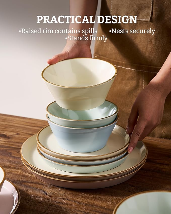 Famiware Saturn Dinnerware Sets Plates and Bowls Sets for 4 12 Pieces Stoneware Dish Set - Chip and Scratch Resistant Microwave and Dishwasher Safe Tableware Set Multi-color with Rim