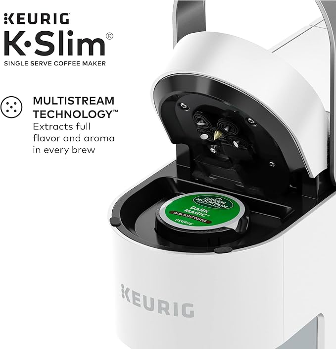 Keurig K- Slim Single Serve K-Cup Pod Coffee Maker Multistream Technology White &amp K-Express Coffee Maker Single Serve K-Cup Pod Coffee Brewer Black 12.8” L x 5.1” W x 12.6” H