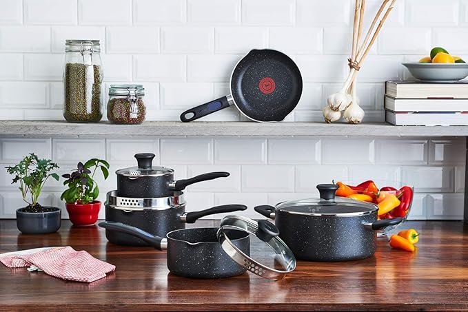 T-fal Signature 9pc Cookware Set Non Stick pots and Pans Non Toxic Cookware Set Thermo-spot Heat Indicator Dishwasher Safe Black