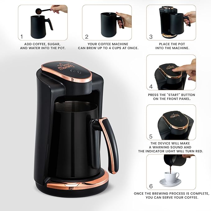 Any Morning Turkish &amp Greek Coffee Maker-Machine 1 to 4 Cups Capacity 100% BPA Free 400W Electric Coffee Pot with Cook Sense Technology Anti-Spill Design Authentic Foamy Brew Black