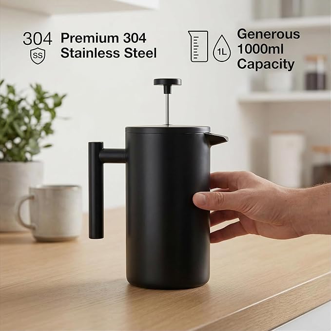 YJX 34oz Coffee Maker Stainless Steel French Press 1 Liter Camping Coffee Pot Tea Maker 34 Ounce Travel Coffee Presses Heat Resistant Double Insulated (Black)