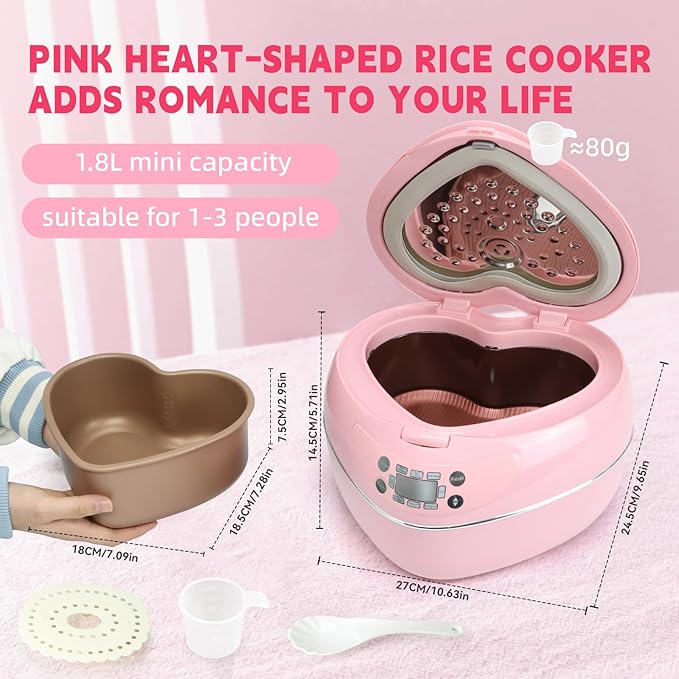 Peach Heart Shape Rice Cooker 8 Cup Cooked 4 Cup Uncooked Rice Multifunctional Pink Rice Cooker 300w with Preset Timer 1.8L