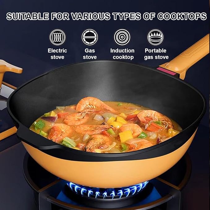 Titanium Alloy Non-Stick Pot with Lid Titanium Cookware Set with Lids Frying Pans with Ergonomic Stay-Cool Handles for Cooking Frying Baking Titanium Cooking PanYellow32cm