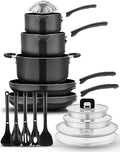 NutriChef 17-Piece Non-Stick Pans &amp Pots Set – Space-Saving Induction-Compatible Foldable Knob Black Cookware with Heat-Resistant Utensils for Kitchen &amp RV