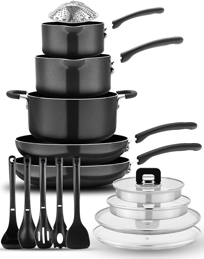 NutriChef 17-Piece Non-Stick Pans &amp Pots Set – Space-Saving Induction-Compatible Foldable Knob Black Cookware with Heat-Resistant Utensils for Kitchen &amp RV