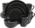 Gibson Home Rockaway 16-Piece Round Stoneware Dinnerware Set Service for 4 – Black with Gold Rim Plates and Bowls Microwave &amp Dishwasher Safe