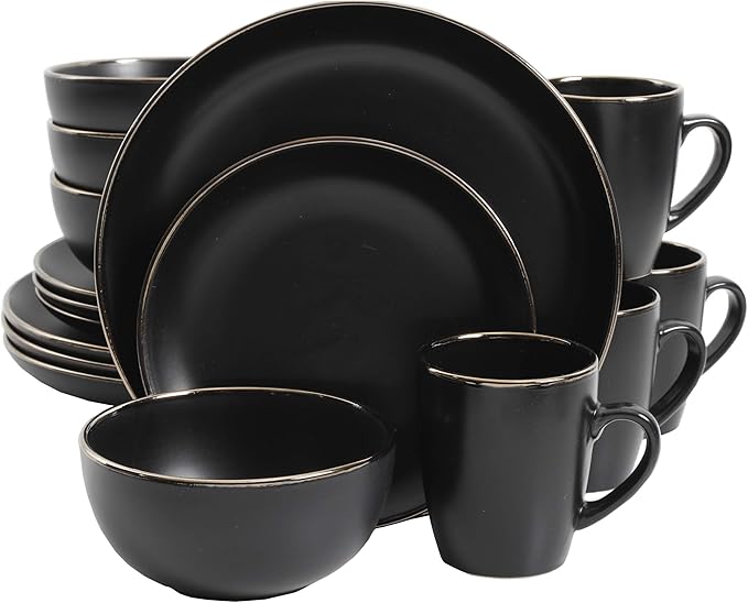Gibson Home Rockaway 16-Piece Round Stoneware Dinnerware Set Service for 4 – Black with Gold Rim Plates and Bowls Microwave &amp Dishwasher Safe