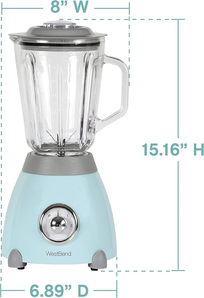 West Bend Blender Retro-Styled 3 Speeds with 48 oz Glass Blending Jar and Stainless Steel Blade 500-Watts Blue