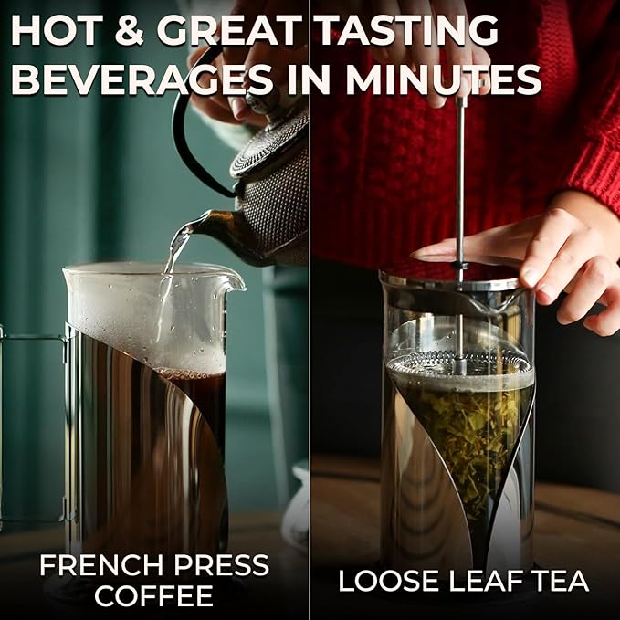 Cafe Du Chateau French Press Coffee Maker Bundle – Stainless Steel Design with 4-Level Filtration for Rich Smooth Brews at Home or Office