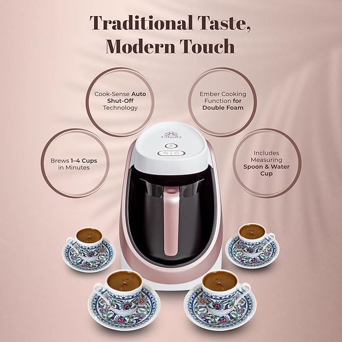 ETHNIQ Turkish Coffee Maker - 100% BPA Free 120V 1 to 4 Cup Brewing Capacity with Cook Sense Technology for Delicious Cup of Turkish &amp Greek Coffee Turkish Coffee Pot (White)