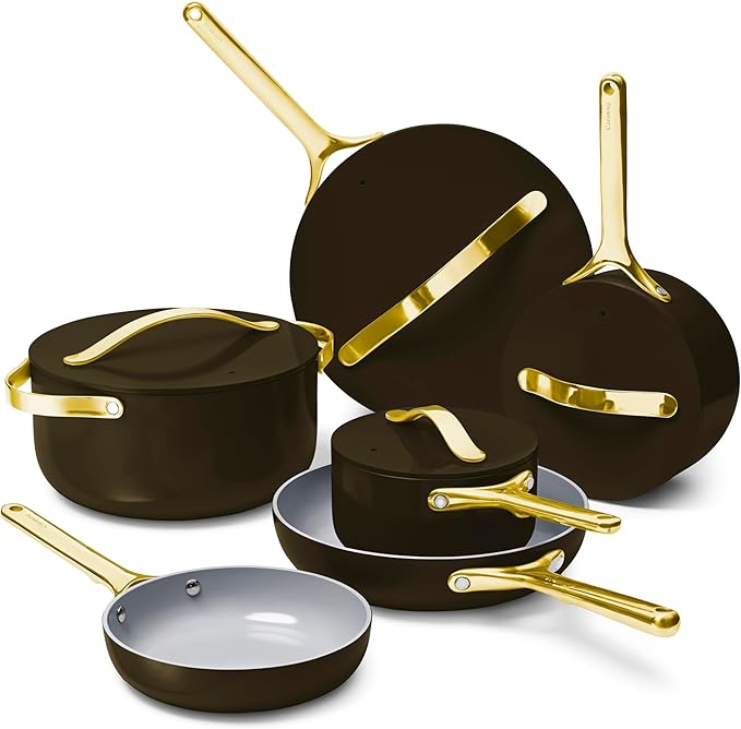 Caraway Deluxe Non-stick Ceramic Cookware Set (16 Piece) Pots Frying Pans Lids and Kitchen Storage - PFAS &amp PFOA Free - Oven Safe Pan Set &amp Compatible with All Stovetops - Black