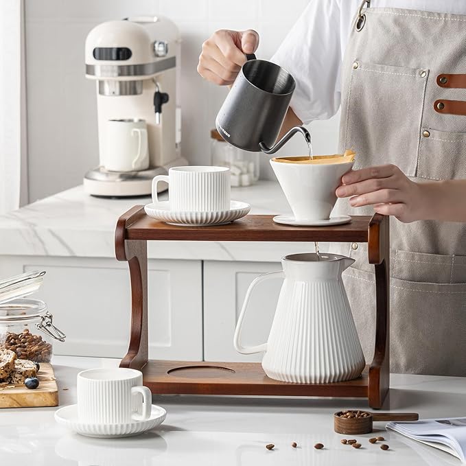 Pour Over Coffee Maker Set 22OZ Ceramic Pour Over Coffee Dripper with Acacia Wood Stand and 5OZ Cups and Saucers Set of 2 Size 02