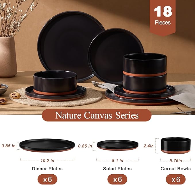 LIANYU Plates and Bowls Sets 18 Pieces Stoneware Dinnerware Set for 6 Modern Kitchen Dinner Set Ceramic Dishware Dishes Set Microwave and Dishwasher Safe Charcoal Black