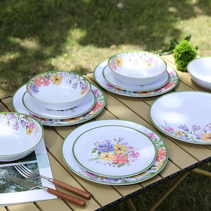 12 Piece Floral Melamine Dinnerware Sets Green Camping Dishes Set Spring Lightweight Plates and Bowls Sets Service for 4 Unbreakable Dishwasher Safe Dish Set for Indoor &amp Outdoor Use