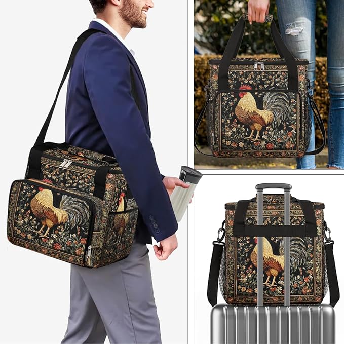 Rooster Embroidery Flowers Coffee Maker Carring Bag Travel Carrying Storage Tote Bag Compatible with Keurig K-Mini or K-Mini Plus Portable Single Serve Coffee Brewer Case with Pockets for K-cup Pods