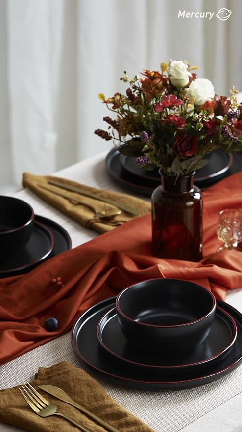Famiware Mercury Plates and Bowls Sets with Mugs Set 20-Piece Stoneware Dinnerware Sets for 4 Black