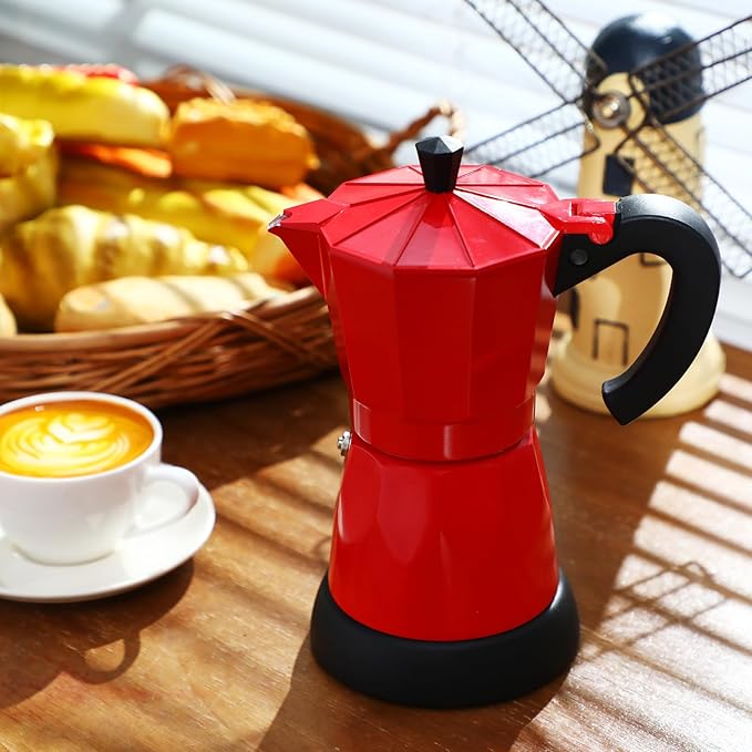 Coffee Pot 6 Cup Electric Espresso Coffee Maker Italian Moka Maker 300ml Portable Aluminum Espresso Machine Cafetera Moka Pot with Detachable Base Gift for Home Travel(Red)