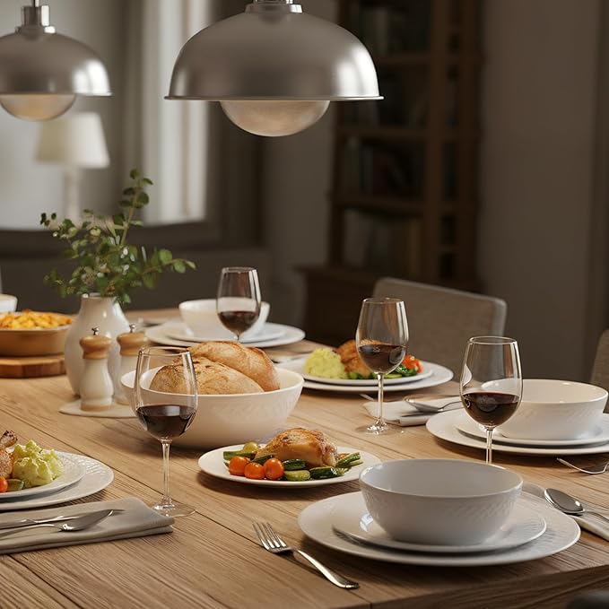 18-Piece Bone China Dinnerware Set for 6 White Porcelain Plates and Bowls with Textured Design Lightweight Microwave Dishwasher Safe for Family Dining