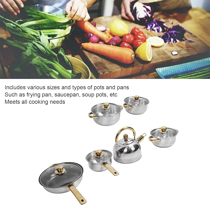 Stainless Steel Cookware Set Rustproof Stick Proof Pan Pot for Home Kitchen (Gold Handle with Kettle)