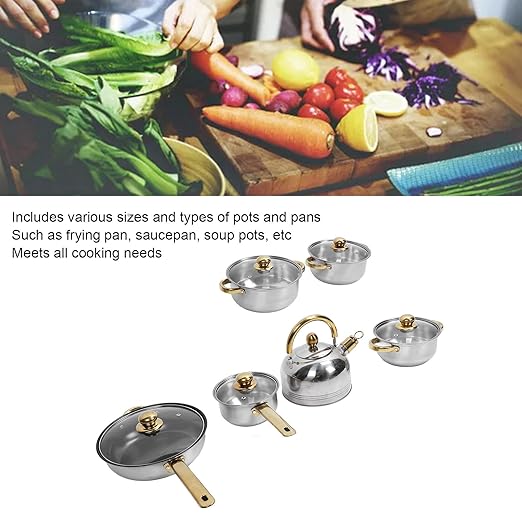 Pots and Pans SetPremium Stainless Steel Cookware Set - Proof and Stick Proof Pan and Pot Set with Gold Handles and Kettle - Ideal for Home Kitchens and Restaurants (Gold Handle with Kettle)