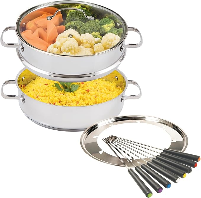 Nuwave 18/8 Stainless Steel Ultimate Cookware Set Free of PTFE PFOA PFOS Fondue Pot Set Works On ALL Cooktops and Induction Cookers Steamer Basket Glass Lid &amp 8 Fondue Forks Included (Renew