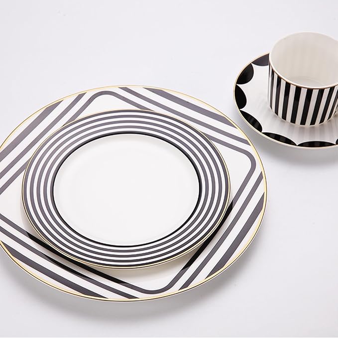 8 Piece Art Deco Bone China Dinnerware Set Black and White Geometric Pattern with Gold Trim Dishwasher SafeIdeal for Hotel Banquets Family Gatherings Weddings