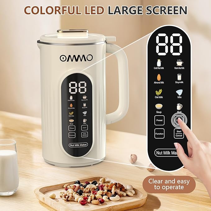 OMMO 10 in 1 Nut Milk Maker Blender 35oz Soy Milk Maker with Large Screen/10 Blades for Hot/Cold Almond Oat Soybean Milk Maker 12 Hours Timer/Self-Cleaning Includes Recipe Book-Accessories