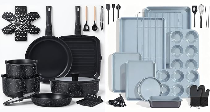 Ammeloo 21 Pcs Pots and Pans Set Non Stick with Detachable Handle with Grill Pan &amp 22pcs Baking Pans Set Stackable Bakeware
