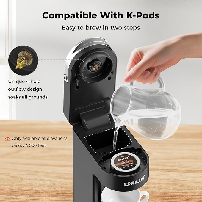 CHULUX Slim Single Serve Coffee Maker for K Pods One Cup Coffee Maker Fits 7.3 Travel Mugs Coffee Machine with 6 to 12oz Brew Sizes