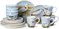 Coastal Birds 16-Piece DINNERWARE SET SERVICE for 4 Ceramic Dinner Salad Plates Mugs Bowls artist-designed Wetland Birds Blue Sky for Coastal Dining