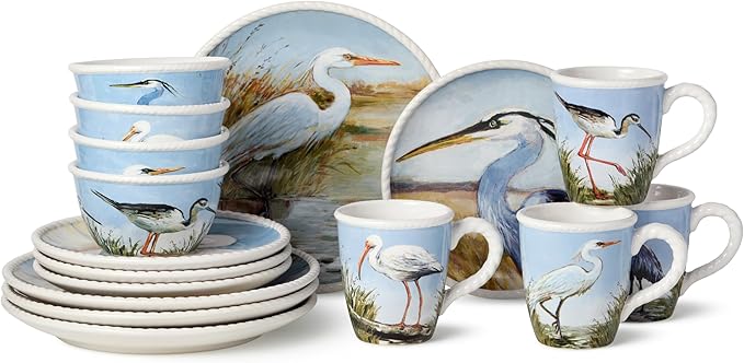 Coastal Birds 16-Piece DINNERWARE SET SERVICE for 4 Ceramic Dinner Salad Plates Mugs Bowls artist-designed Wetland Birds Blue Sky for Coastal Dining
