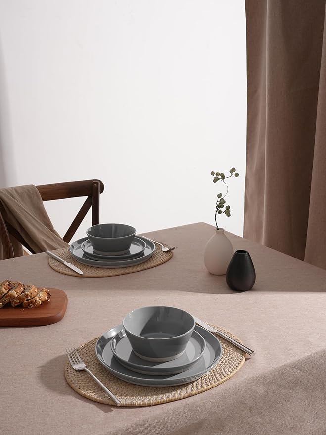 Famiware Saturn Dinnerware Sets for 4 12 Pieces Stoneware Plates and Bowls Dish Set - Chip and Scratch Resistant Microwave and Dishwasher Safe Tableware Dark Gray