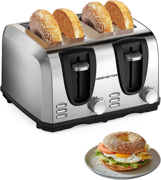 Keenstar Toaster 4 Slice Bread Toaster with Dual Control Panels Extra-Wide Slot of Bagel/Defrost/Cancel Function 7 Toasting Bread Shade Settings Removable Crumb Trays Auto Pop-Up Stainless Steel