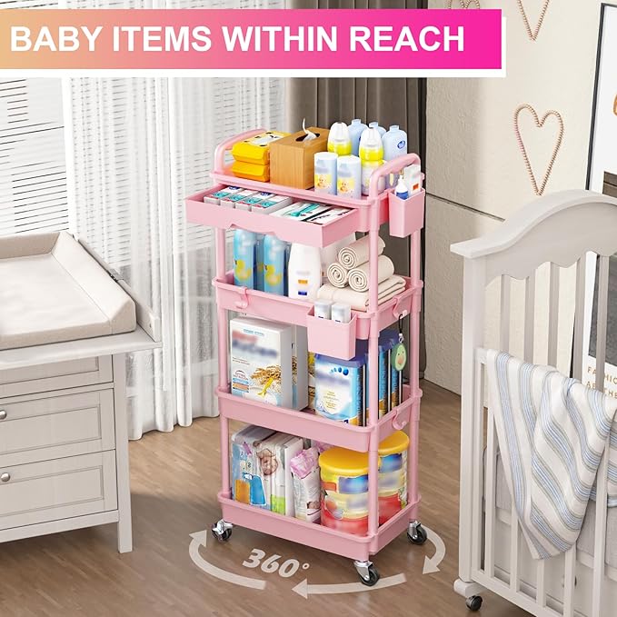 Goovilla 4 Tier Rolling Utility Cart Organizer with Removable Drawer Stable and Sturdy Pink Rolling Storage Carts with 2 Lockable Wheels for Bathroom Kitchen Snack Craft Makeup Baby Essentials