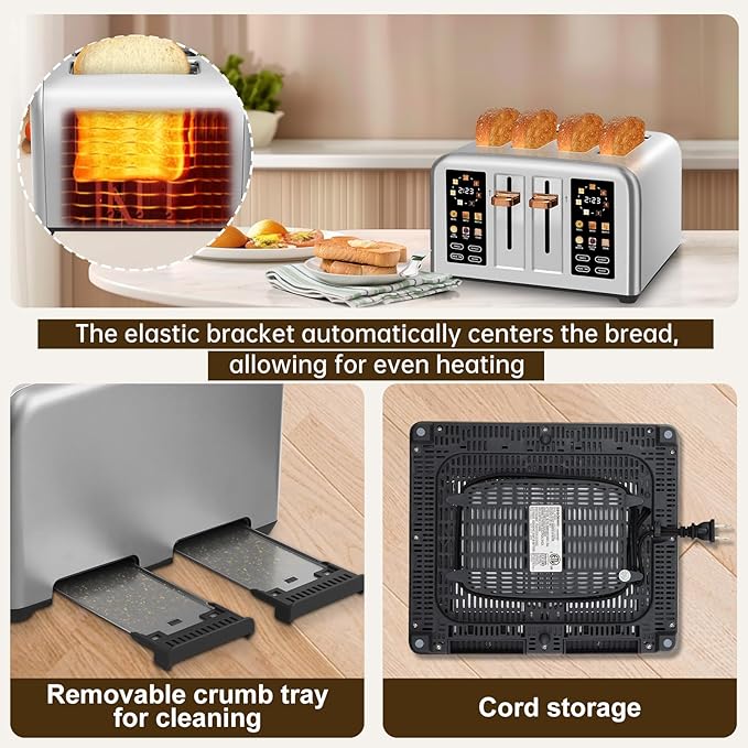 SEEDEEM Toaster 4 Slice Stainless Steel Touch Screen for Dual Control Digital Timer Smart Toaster with 6 Bread Type 7 Shade Setting 1.5''Wide Slot Removable Crumb Tray 1800W Silver Metallic
