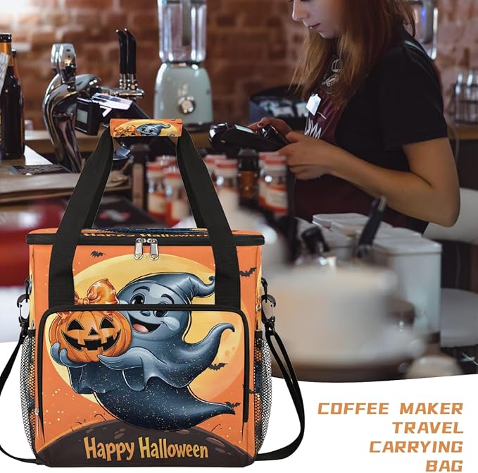Halloween Ghost Moon Pumpkin Coffee Maker Carring Bag Travel Carrying Storage Tote Bag Compatible with Keurig K-Mini or K-Mini Plus Portable Single Serve Coffee Brewer Case with Pockets