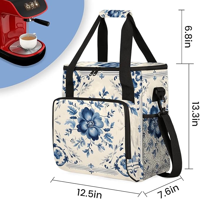 Blue Floral Pattern Coffee Maker Travel Bag for Keurig K-Mini/K-Mini Plus Insulated Waterproof Tote with Pockets Portable Single-Serve Brewer Case